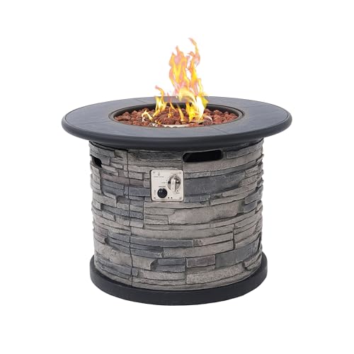 32-Inch Outdoor Porcelain Tile Gas Fire Table, 50,000 BTU Round Propane Fire Pit Table, Concrete Composite Firepit Base with Faux Stacked Stone Texture, Lid, Lava Rocks, Push-Button Ignition, Cover