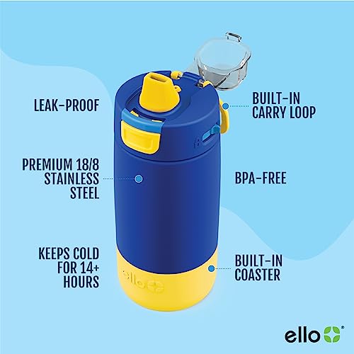 Ello Garrafa de água isolada de aço inoxidável de 355 ml Kids Colby com canudo e porta-copos de sili