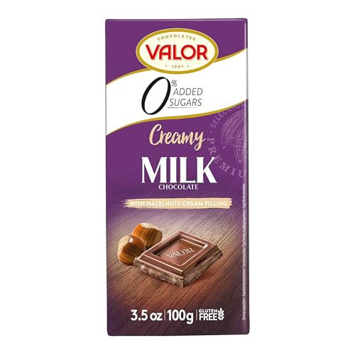 Valor 0% Added Sugar Milk Chocolate Bar - Milk and Hazelnut Cream Diabetic Chocolate Bar - Fine Cocoa Sweetened with Stevia Gluten Free by Master Chocolatiers - 100g Bar