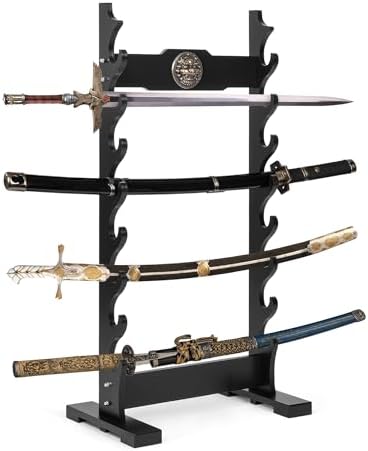 6-Tier Wooden Sword Display Stand Floor Rack - For Katana, Samurai Swords, Anime Swords, Black Finish