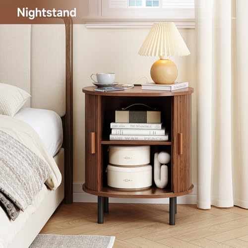 ONBRILL Oval End Table with Storage & Charging Station, Fluted Accent Side Table with Sliding Door & Adjustable Shelf, Mid-Century Modern Nightstand for Small Space, Living Room, Bedroom, Walnut