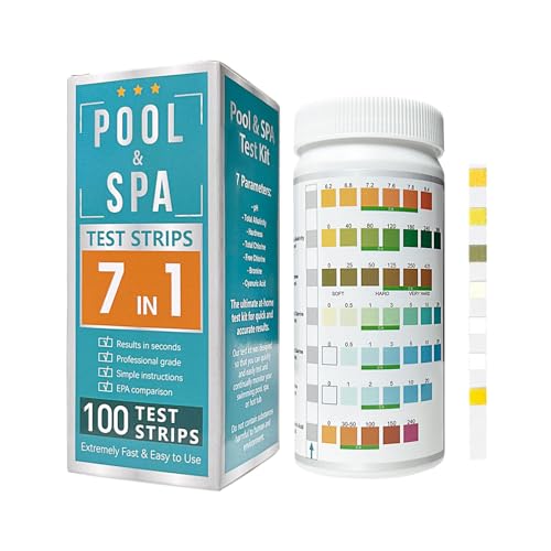 Homcoice 7 en 1 Tiras pH Piscina y Spa 100pcs, Fácil de usar y preciso kit Análisis Agua, profesional Test para pH, alcalinidad, dureza, cloro, bromo y ácido cianúric