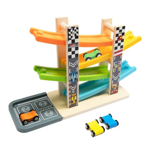 WOOD CITY Wooden Car Ramp Racer Toy Vehicle Set with 4 Mini Cars & Race Tracks, Toddler Toys for 1 2 3 Years Old, Montessori Cars Toys Birthday Gift for Kids Boys and Girls