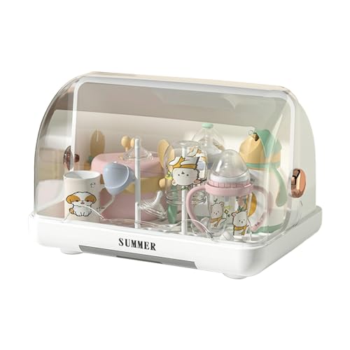 Image of GUANGLU Baby Bottle Storage, Dustproof Baby Bottle Drying Rack with Lid & Removable Drain Tray, Portable Baby Bottle Organizer Baby Bottle Rack Dryer for Bottle Accessories, White, OMC138POJRH5T32673