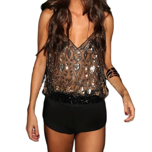 Women Sequin Tank Top Sexy Sleeveless V Neck Sheer Mesh See Through Sparkly Glitter Top Party Club Rave Outfits