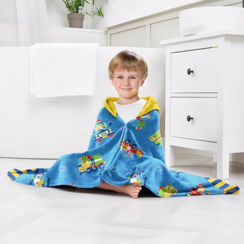 Image of Engineering Vehicle Boys Beach Towel with Hoodie for Kids Toddlers Age 4-8,Car Blue Bath Towels Shower Wrap for Boys, Hooded Poncho Beach Blanket for Pool Swimming Cute Wearable Bath Towel for Child