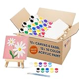CRAFTY HAPPITOYS Set of 12 Mini 4x4 Canvas and Easel Set with 10 Colors Acrylic Paint - Bulk Kids Art Party Favors & Supplies - Mini Paint Party Kits - Kids Canvas Painting Set - Paint & Sip Kit