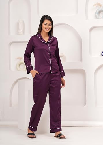 Image of Women Satin Solid Night Suit - Purple