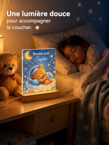 Veilleuse Bébé Personnalisée avec Prénom – Lampe LED Acrylique sur Socle Bois Naturel – Imprimée en France – Cadeau Naissance Original – 5 Designs (Lapin, Renard, Licorne, Ourson, Éléphant) – vue 3