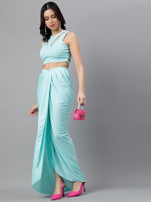 Image of Women's Modern Traditional Pre-Stitched Satin Saree with Modern Crop Top Blouse - Elegant Black Draped Sari for Parties and Special Occasions