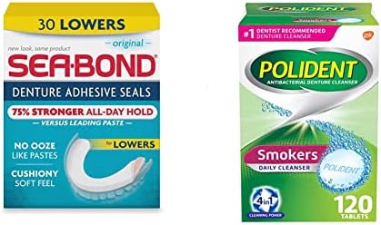 Sea Bond Secure Denture Adhesive Seals Lowers Original, Zinc Free, All Day Hold, Mess Free, 30 Count & Polident Smokers Antibacterial Denture Cleanser Effervescent Tablets - 120Ct