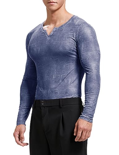 palglg Homme Manches Longues Fleurs Col en V Muscle T-Shirt avec Hauts Lisses et Transparents Fleuri Bleu L