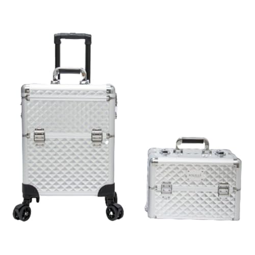 Image of FOLELLO 3-in-1 Marvel Rolling Professional Multifunctional Makeup Travel Vanity Case | Aluminum Trolley Vanity Salon Station (Diamond Cut- Silver)