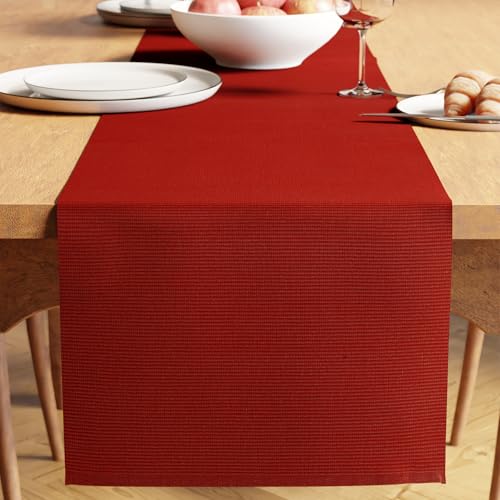 Image of Encasa XO Dining Table Runner for 4 to 6 Seater| Yarn Dyed Fine Ribbed Cotton | Size 32x183 cm | Solid Red | Machine Washable