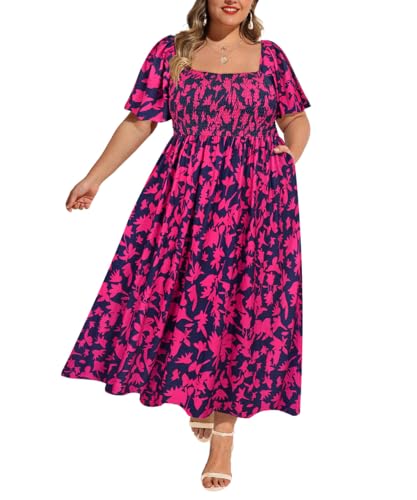 Image of RITERA Plus Size Dresses for Curvy Women Square Neck Short Sleeve Summer Floral Smocked Maxi Dress with Pocket XL-5XL