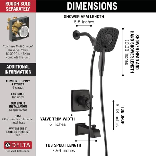 Delta Ashlyn 17 Series Matte Black Dual-Function Shower Faucet Set with In2ition 2-in-1 Dual Shower Head with HandHeld Spray Combo, Valve Trim Kit, Matte Black T17464-BL-I (Valve Not Included) - image 4