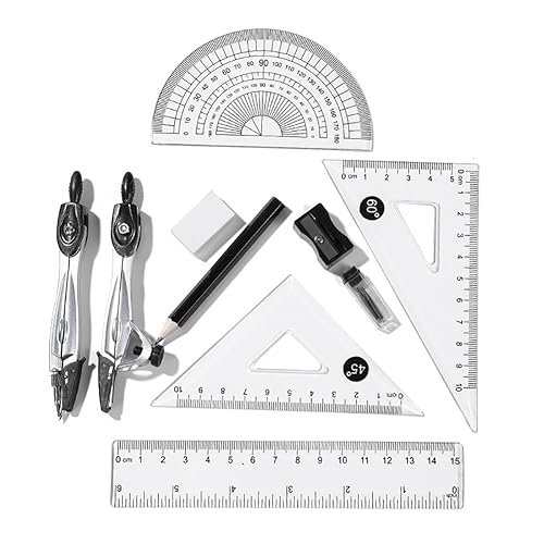 ccHuDE Conjunto de 10 peças geométricas, bússolas de matemática, réguas, modelador de lápis, borrach