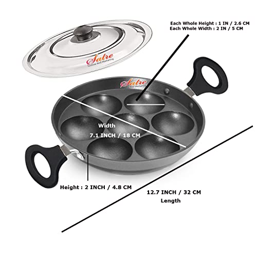 Satre Online and Marketing Small 7 Cavity Non-Stick Aluminium Heavy Induction Base Appam Pan with Steel Lid - Black,Silver,Red - Image 2