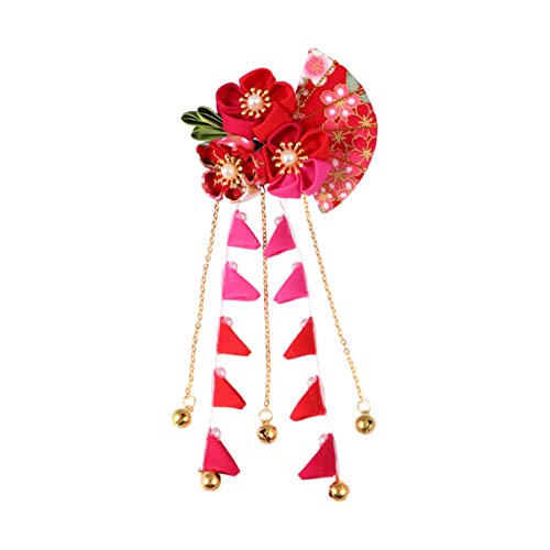 Minkissy Japanese Style Hair Clip Long Tassel Hair Ornament Tie Band Clip Flower Hairpin Womens Girls Hair Decoration for Bridal Wedding Red
