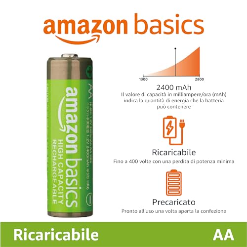 Amazon Basics - Batterie AA ricaricabili, ad alta capacità, 2400 mAh, NiMh, pre-caricate, confezione da 4 - Immagine 1