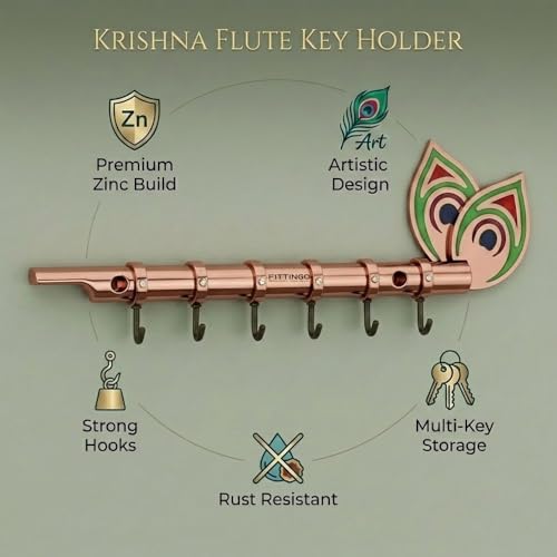 Image of Big Brass Antique Krishna Flute for Key Holder /Key Stand /Keys Hanger Hook /Key Holders for Wall Stylish /Keys Rack Hook /Key Hanging Hooks - Home Decor, Wall Mount - 6 Hooks (Rose Gold)