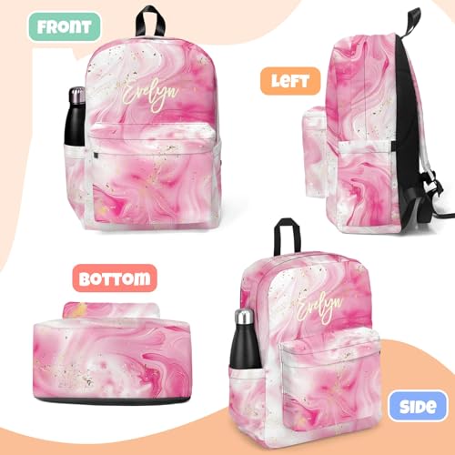 HUTARIO Personalized Backpack for School, Girls Kids Name Pink Bookbag Elementary School Backpack Set with Lunch Bag Box and Pencil Case, Waterproof Lightweight 16.8”3