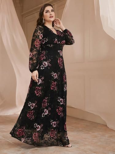 Image of Spring Summer 2024 Plus Size Womens Dresses V Neck Casual Elegant Long Sleeve Floral Print Maxi Dress