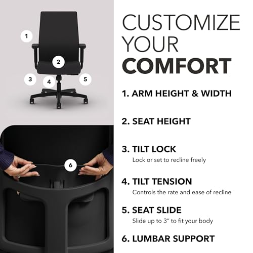 Image of HON Ignition 2.0 Mid‑Back Ergonomic Office Chair, Mesh Task Desk Chair with Lumbar Support, Standard Synchro‑Tilt, Height and Width Adjustable Arms, Black Frame, Onyx