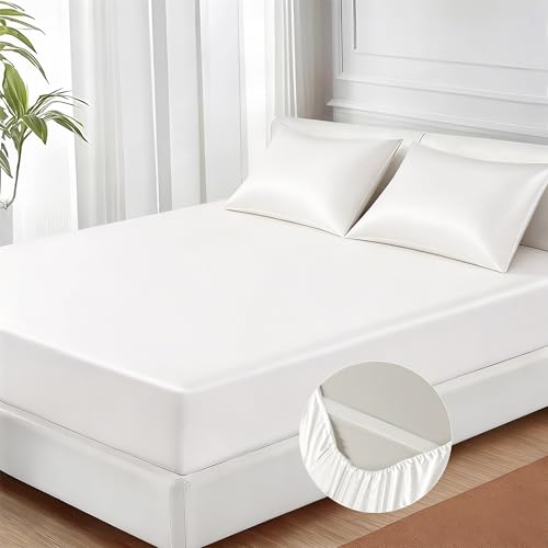 MR&HM Satin Fitted Sheet Queen Size with Elastic Corner Straps, Ivory