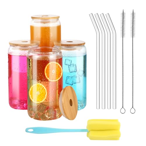 LCXCXY Packung mit 4 trinkgläser mit deckel, 500 ml gläser mit deckel und strohhalm, glas mit deckel und strohhalm, kann als cola becher, saftbecher, cocktailbecher, kaffeebecher verwendet werden