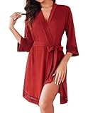Ekouaer Robes for Women Short Knit Bathrobe Lightweight Sexy Lace Sleepwear Soft Knee Length Loungewear