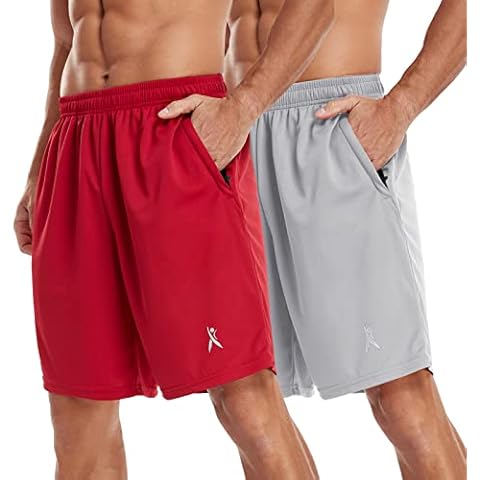 PRIESSEI Men's Workout Running Shorts Athletic Lightweight Gym Shorts with Zip Pockets, Red+grey, Small Cover