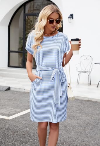 MEROKEETY Women's Summer Striped Short Sleeve T Shirt Dress Casual Tie Waist with Pockets - Image 7