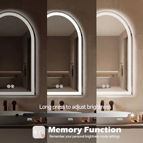 Image of Sweetcrispy 24 inchx32 inch LED Bathroom Backlit Mirror with Lights, Arched Vanity Mirror with Anti-Fog, Dimmable, 3-Color Light, Memory Function, Tempered Glass