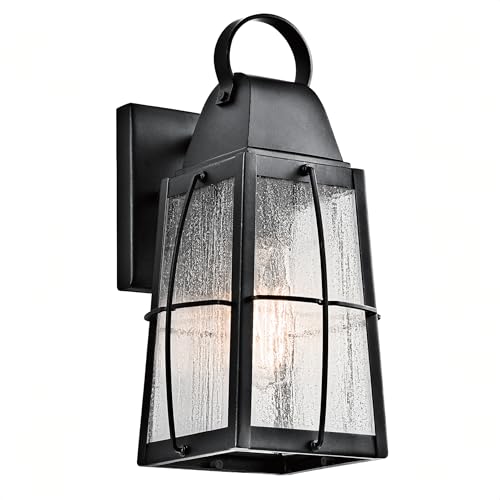 Image of Kichler Tolerand 12 inch Outdoor Wall Light in Textured Black, 1-Light Exterior Wall Sconce Porch Light with Clear Seeded Glass, (12 inch H x 5.75 inch W), 49552BKT