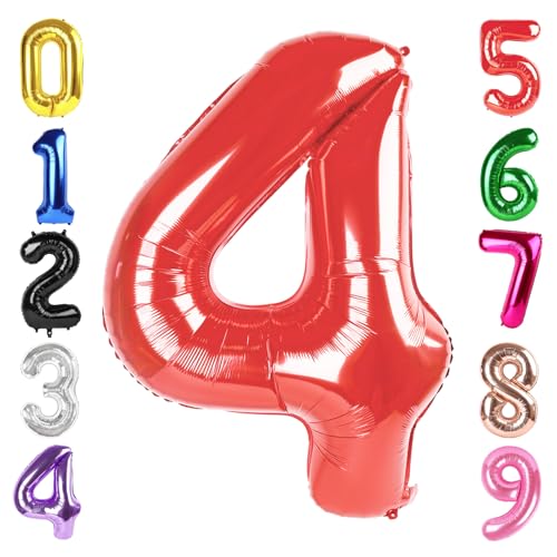 Image of 40 Inch Red Number 4 Balloon Birthday Party Decorations for Men & Women | 40 Inch Red inflatable foil number balloons, large birthday decorations for 4th birthday