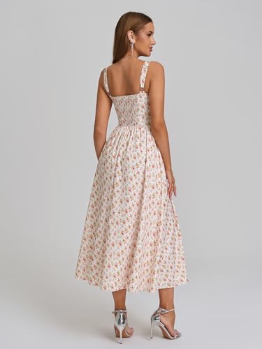 Image of KUTUMAI Floral Corset Midi Dress Flowy Slit Summer Spring Wedding Guest Dresses for Women Sundress with Pockets