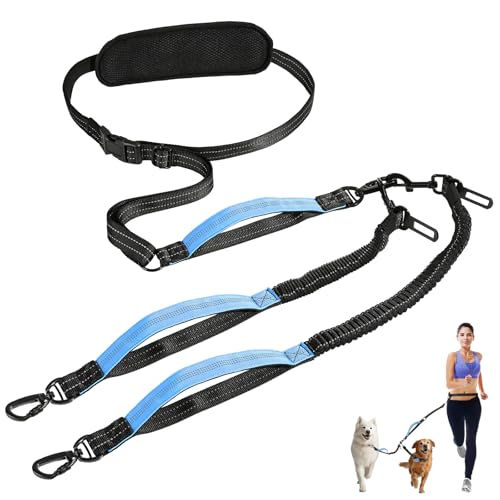 Tivray Hands Free Dog Leash Waist Leash for Dog Walking 2 Dogs Double Hands Free Lead with Detachable Waist Pad Padded Handles Shock Absorbing Bungee for Walking Jogging Hiking Blue&Black
