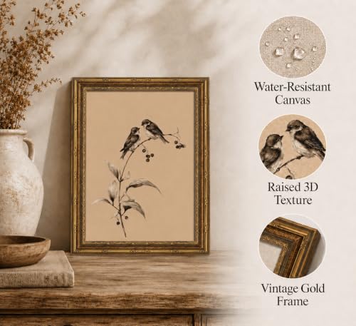 Image of Gold Framed 3D Textured Wall Art, Vintage Sketch Birds on Branch Canvas Prints, Minimalist Love Bird Pictures Decor, Neutral Botanical Birds Gallery Artwork for Living Room Bedroom Bathroom 9x11inch
