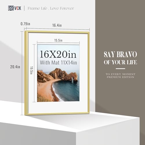 Image of VCK 16x20 Frames Gold Metal, Real Glass, 11x14 Mat, for Picture Print