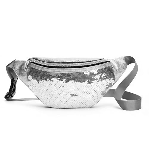 JENCVNL Bauchtasche Damen Silber Pailletten Glitzer Gürteltasche Damen Herren Hüfttasche Brusttasche Glänzende Umhängetasche für Karneval Accessoires Festival Party Reisen (Silber)