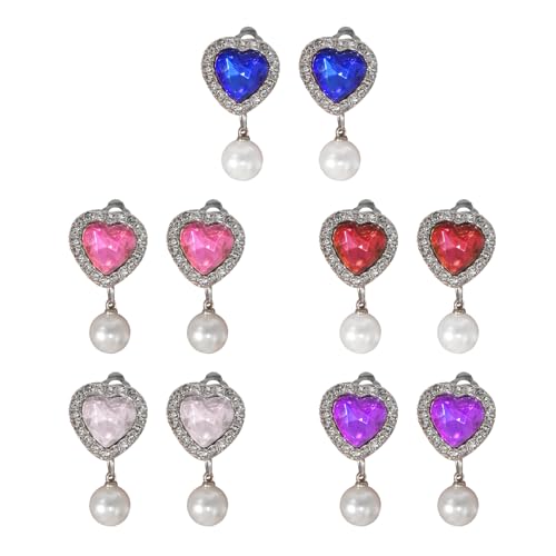 5 Pairs Clip on Earrings for Girls,Heart Diamond Ear Clips with Pearls,Girls Jewelry Dress up Earrings and Princess Play Earring Set,No Pierced Design Accessories for Party Favors, Birthdays