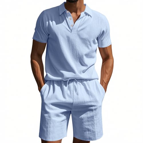 Mens Linen Sets 2 Piece Outfits Casual Loose Short Sleeve Lapel Cuban Polo Shirts and Pants Suits Summer Beach Outfits
