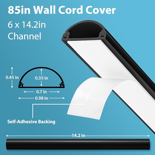 Image of ZhiYo 85in Cord Covers for 1-2 Wires on Wall, D-Shaped 1 inch W x 0.4 inch H, Black