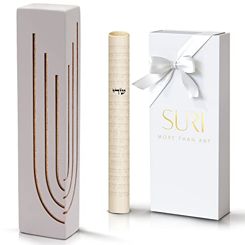 Suri Modern Mezuzah - Gray Concrete Base With Gold Shin Mezuzah Case For Door - 6 Inch Jewish Mezuza Cover With Non Kosher Scroll & A Gift Box - Judaica Gifts #TOP16