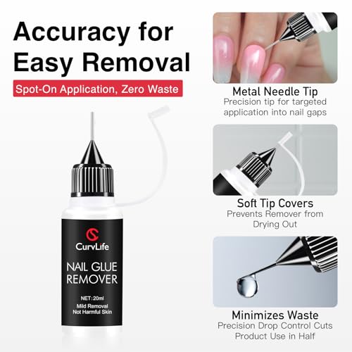 Image of Curvlife 20ml Pinpoint Nail Glue Remover for Press on, Multi-Functional Remover for Nails Tips, Gentle Glue Remover for Gel x Nails, Non-Acetone Nail Polish Remover | Multi-Functional Non-Acetone Gentle Nail Glue Remover for Nails Tips, Debonder for Glue on Nails, Regular Nail Polish