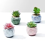 Artificial Succulents in Pots, Succulent Plant Faux Succulents in Pots Mini Succulents Artificial Fake Small Mini Desk Plants Small Succulents Artificial Potted, Set of 4, Rhombus Marble Pattern Pots
