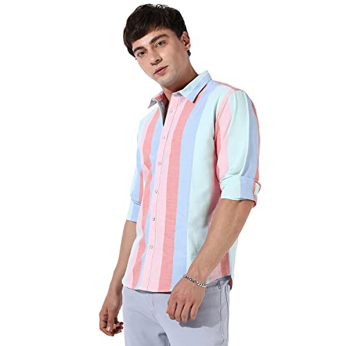 Image of CAHOOT Mens Multicolour Roman Striped Button Up Regular Fit Shirt for Casual Wear Cotton Spread Collar Crafted with Sleeve Comfort and High Performance Everyday