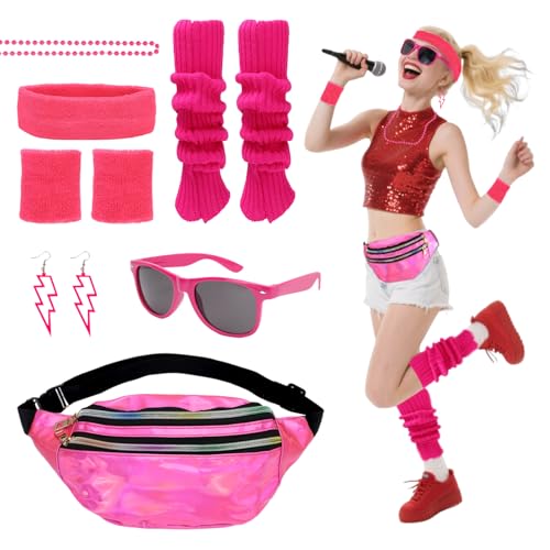 CHRI Disfraz de los años 80 y 90 para mujer, 7 accesorios de neón, ropa deportiva retro, accesorios para carnaval (rosa)