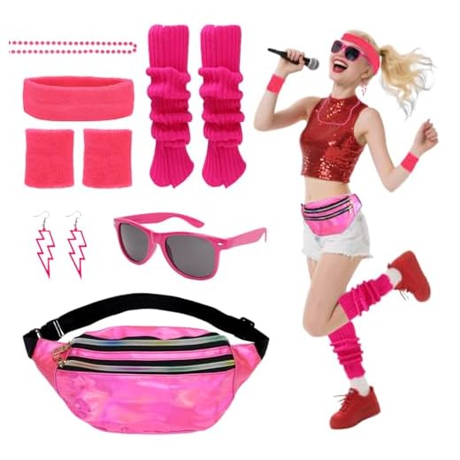 CHRI Disfraz de los años 80 y 90 para mujer, 7 accesorios de neón, ropa deportiva retro, accesorios para carnaval (rosa)